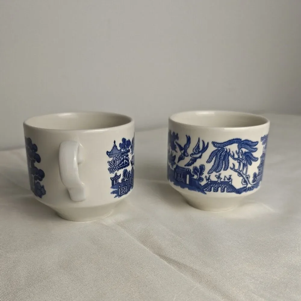 2 Vintage CHURCHILL England cobalt Blue Tea Coffee Cups asian Japan inspired